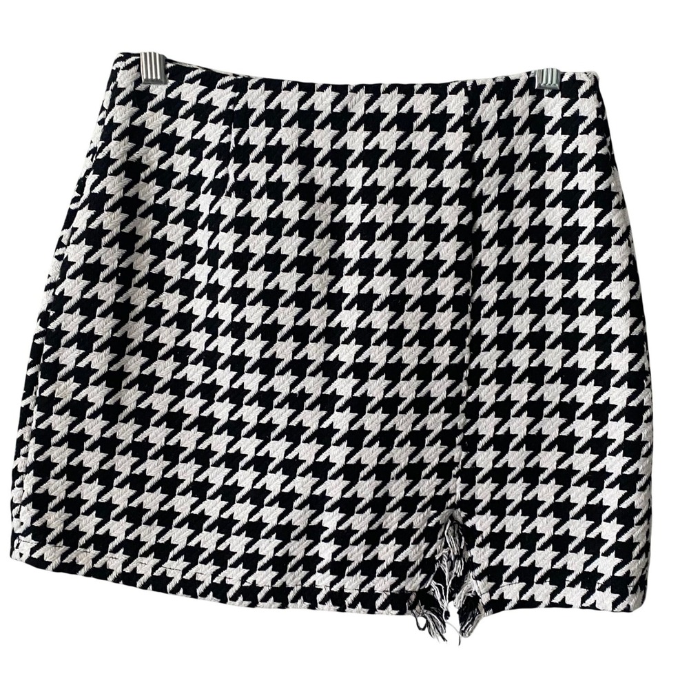 Black White Preppy Houndstooth Mini Skort Frayed Hem Built-in Shorts Small Chic